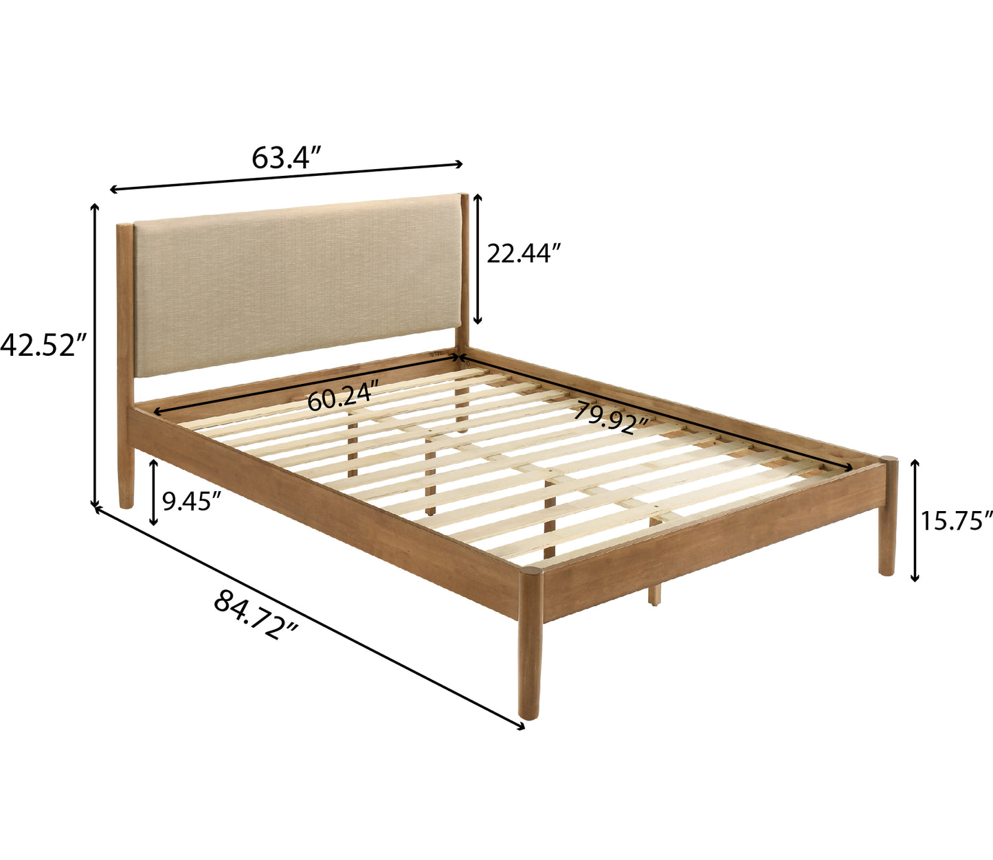 Wooden bed frame with upholstered beige headboard midcentury modern style queen size
