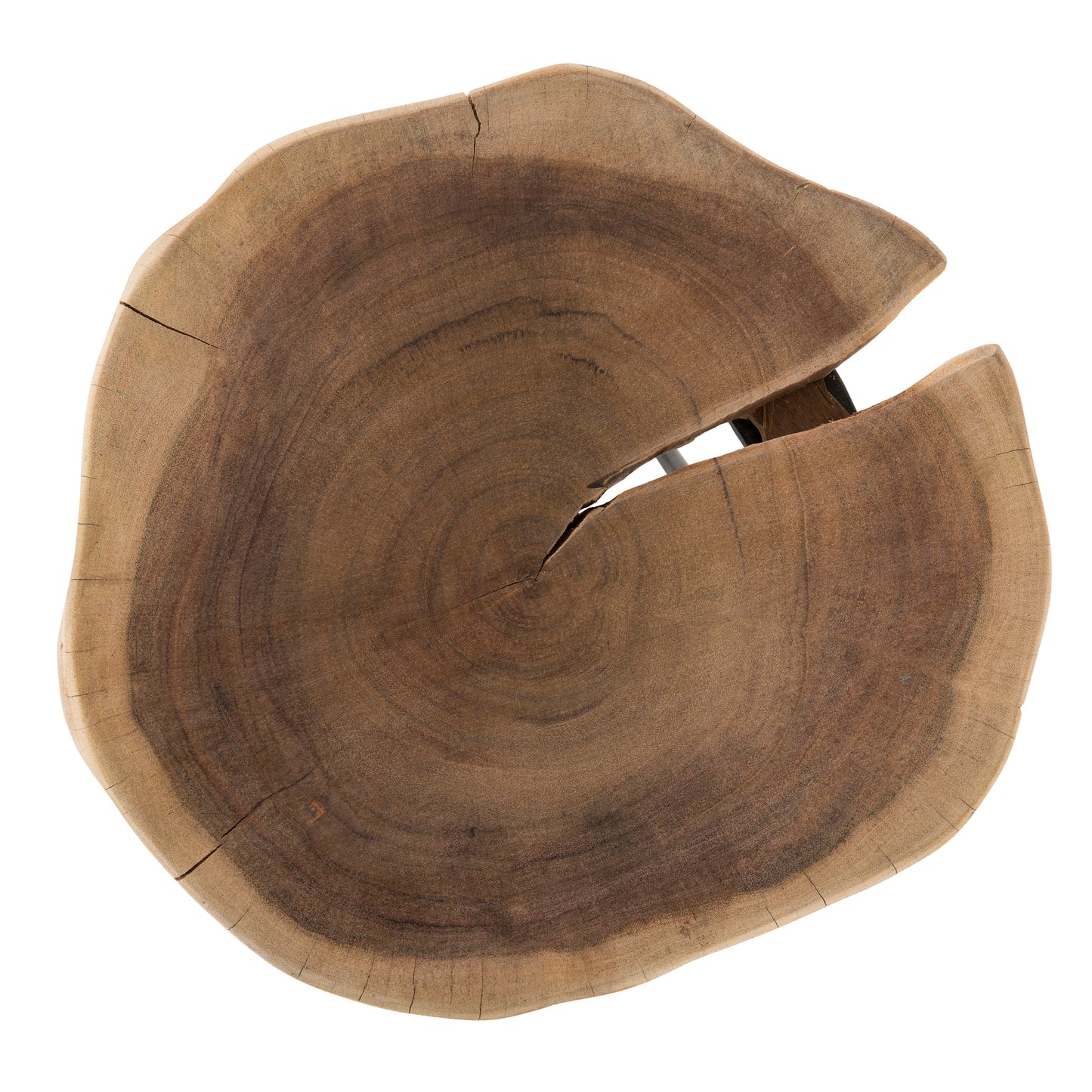 Natural live edge wood slice dark brown with visible growth rings and a prominent crack