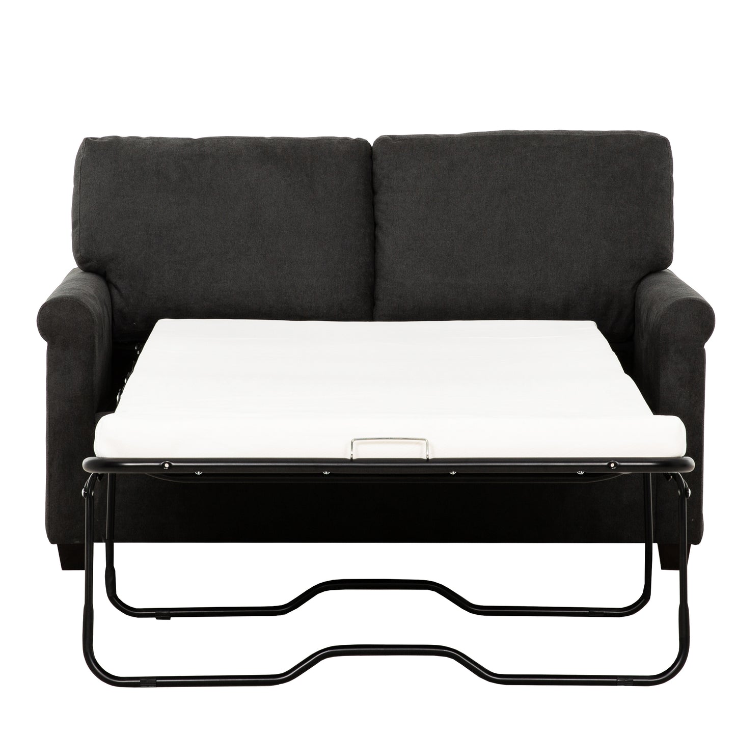 Dark gray upholstered sofa with pullout bed frame extended revealing white mattress