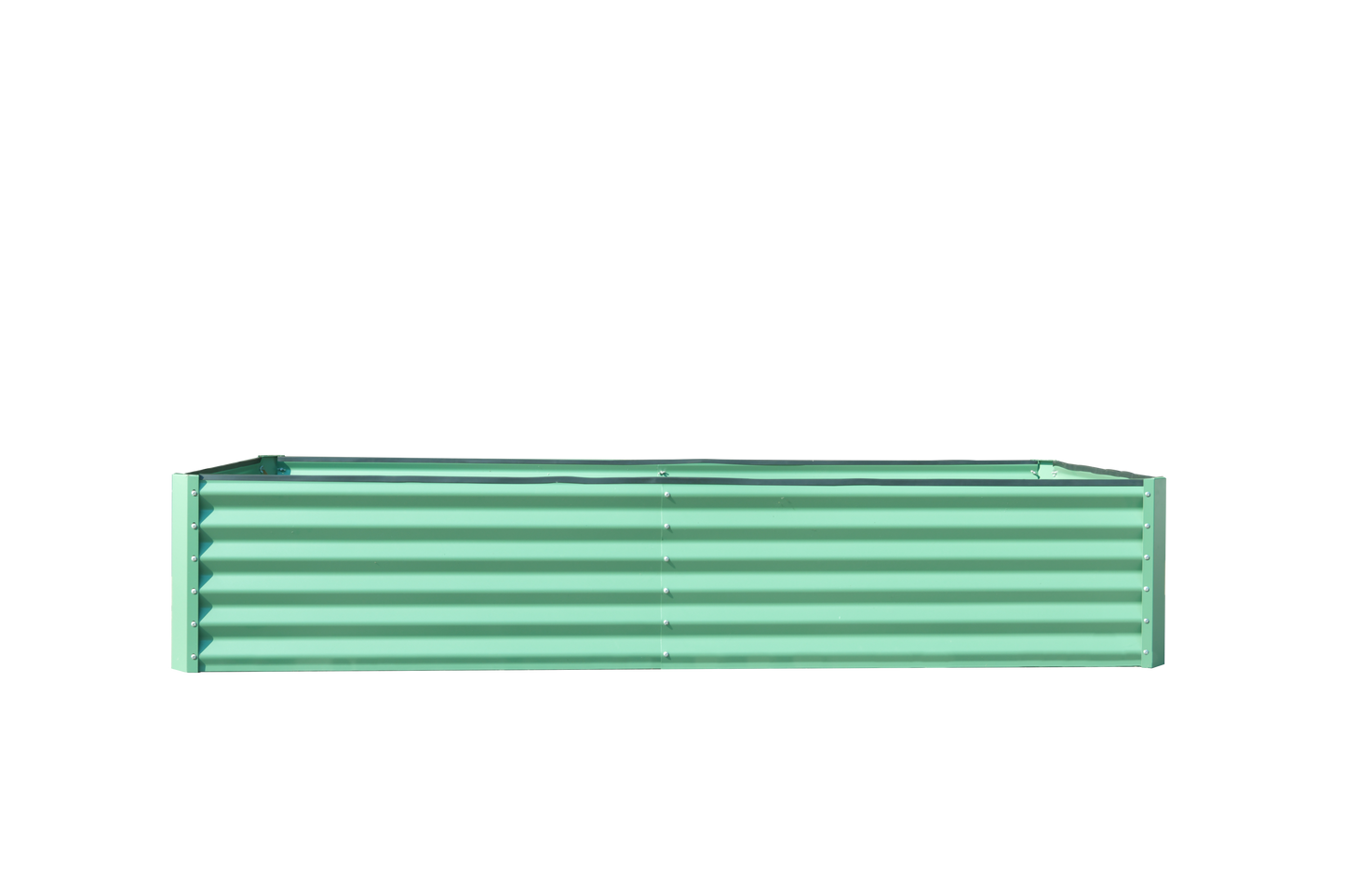 Mint green corrugated metal raised garden bed for backyard planting