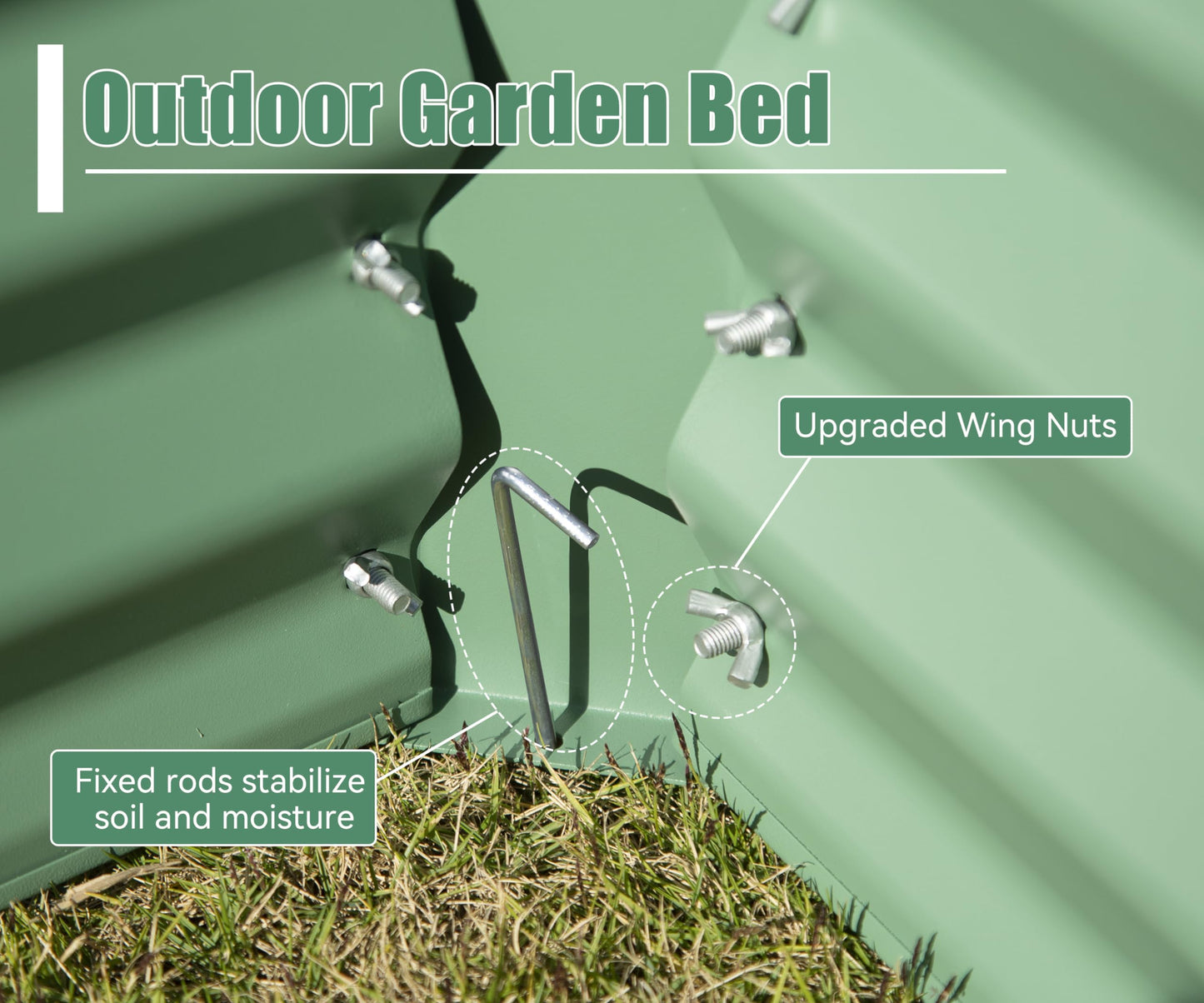 Green corrugated outdoor garden bed with upgraded wing nuts and support rods