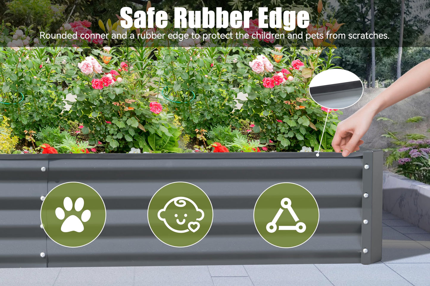 Gray corrugated metal raised garden bed with rounded corners and a safe rubber edge