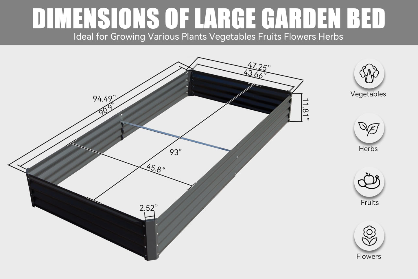 Large metal raised garden bed with dimensions xx for growing vegetables