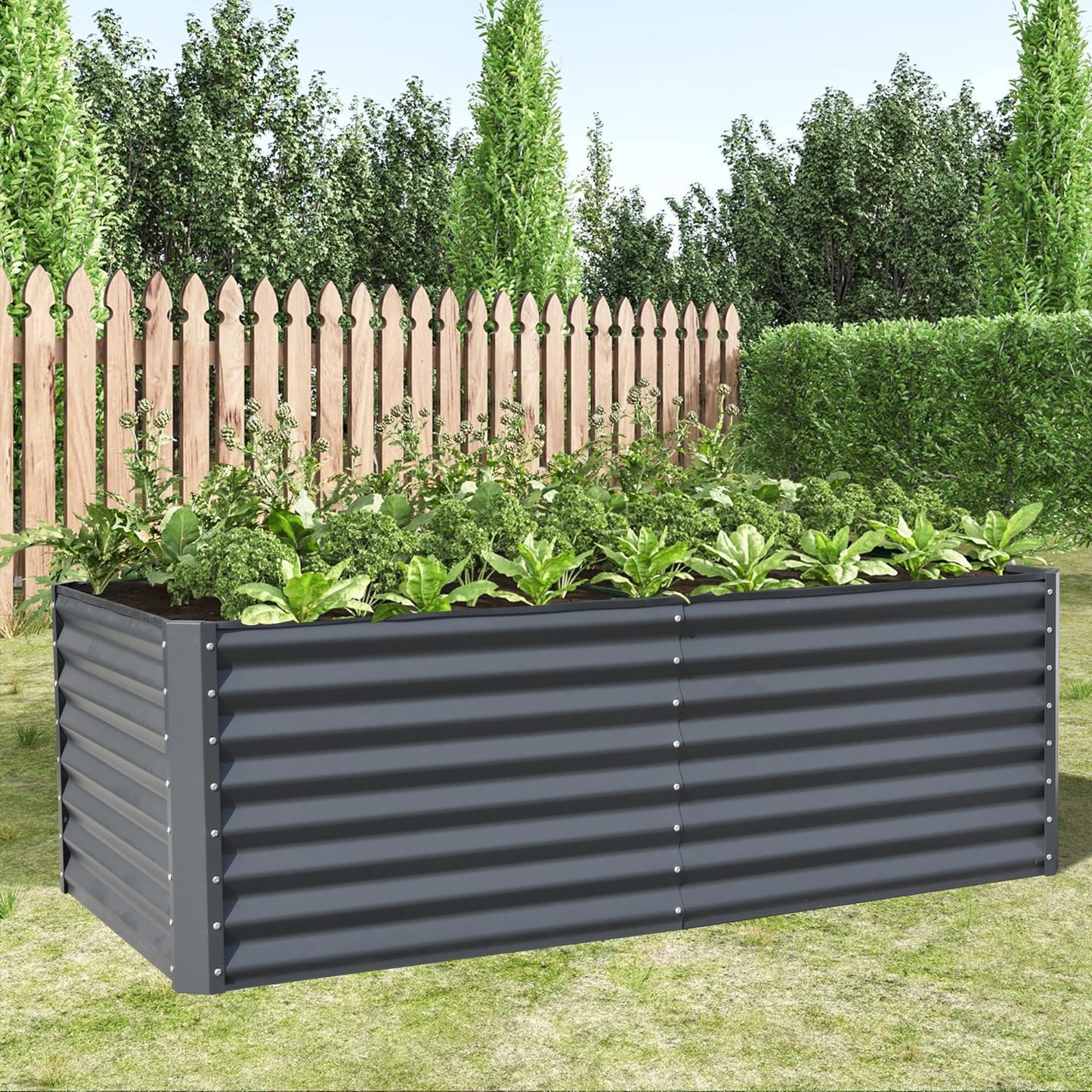 Dark gray corrugated metal raised garden bed filled with lush green vegetables