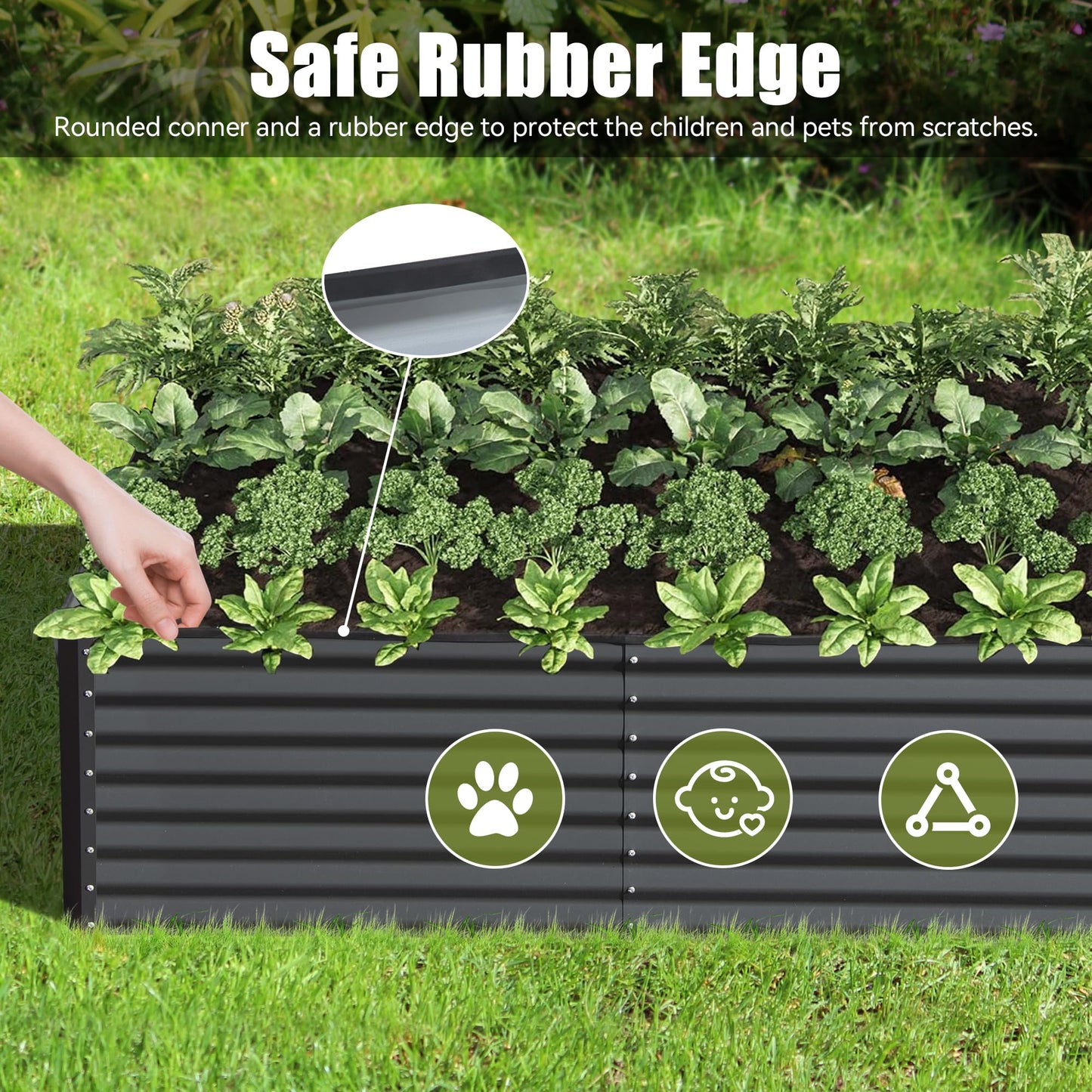 Dark gray metal raised garden bed with a safe rubber edge detail for growing plants