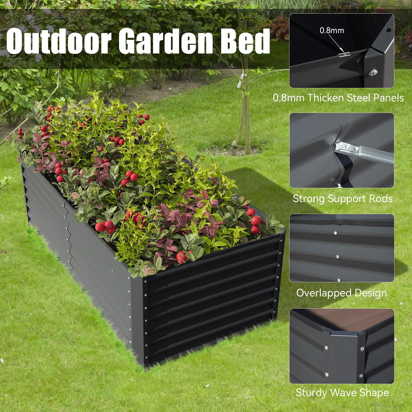 Dark gray corrugated metal outdoor garden bed filled with plants and red berries