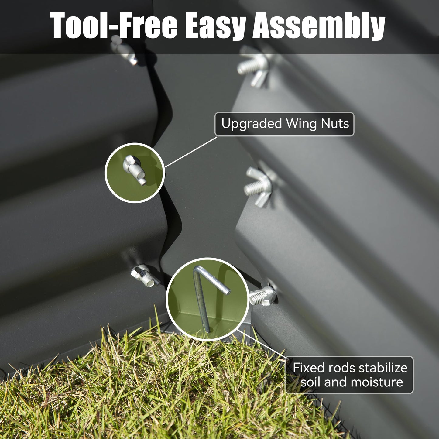 Closeup of a dark gray corrugated metal raised garden bed assembly showing upgraded wing nuts and threaded bolts