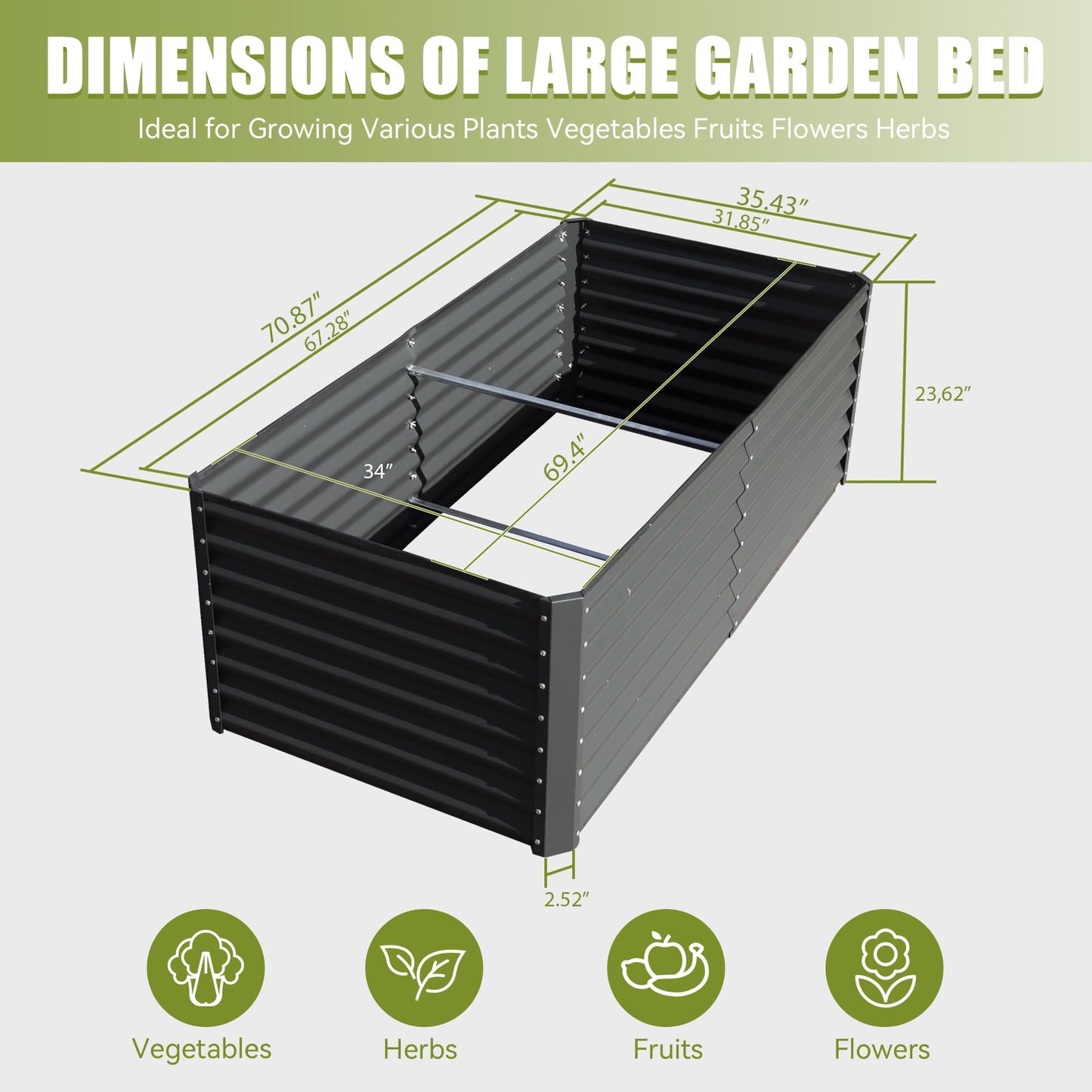Large rectangular metal garden bed with corrugated panels in charcoal gray for growing vegetables