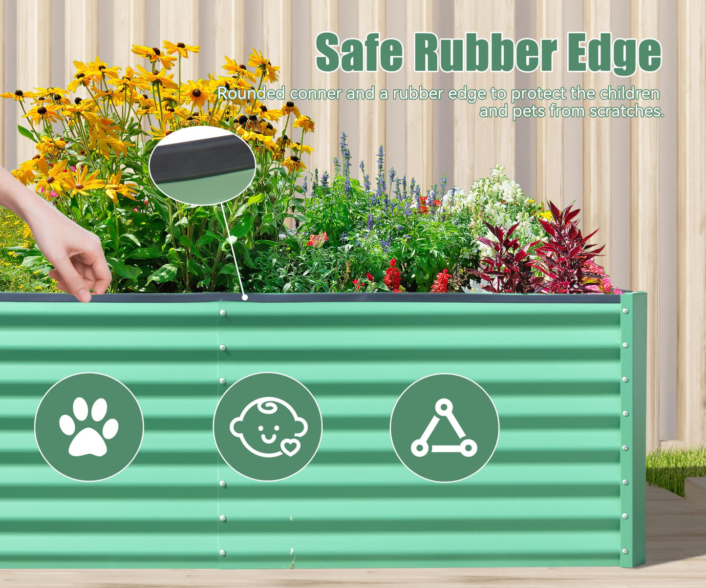 Green metal raised garden bed with safe rubber edge ideal for pets and children