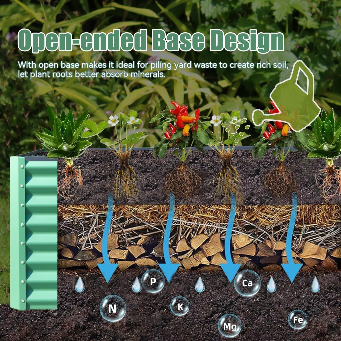 Green corrugated metal raised garden bed with aloe peppers and strawberries illustrating soil layering and nutrient absorption