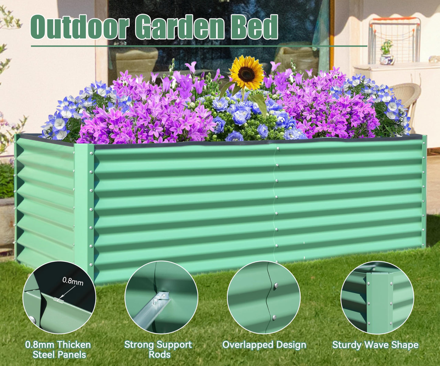Sage green raised garden bed filled with purple and blue flowers