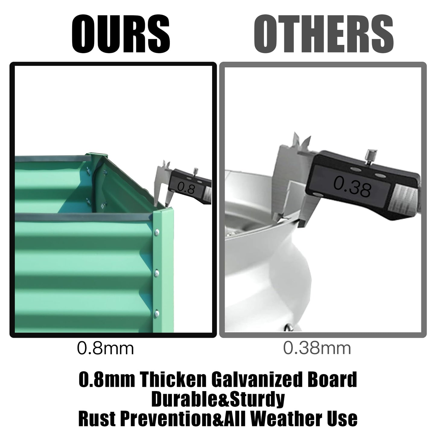 Comparison showing our mm galvanized steel raised garden bed against a mm competitor