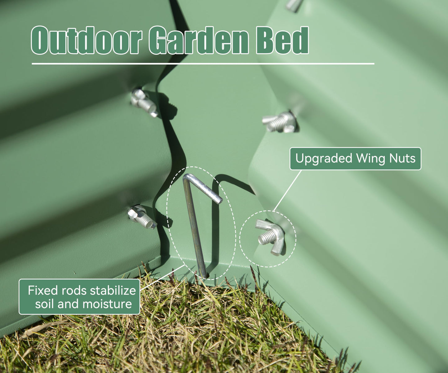 Green metal outdoor garden bed assembly detail showing upgraded wing nuts