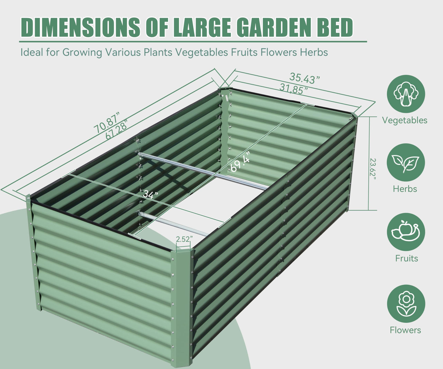 A green corrugated metal raised garden bed for growing vegetables with dimensions labeled