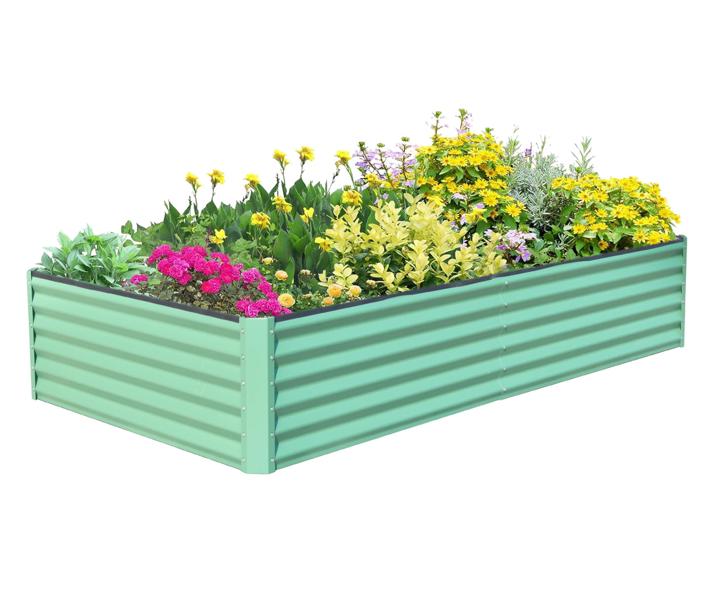 Rectangular mint green corrugated metal raised garden bed filled with colorful flowers and green foliage