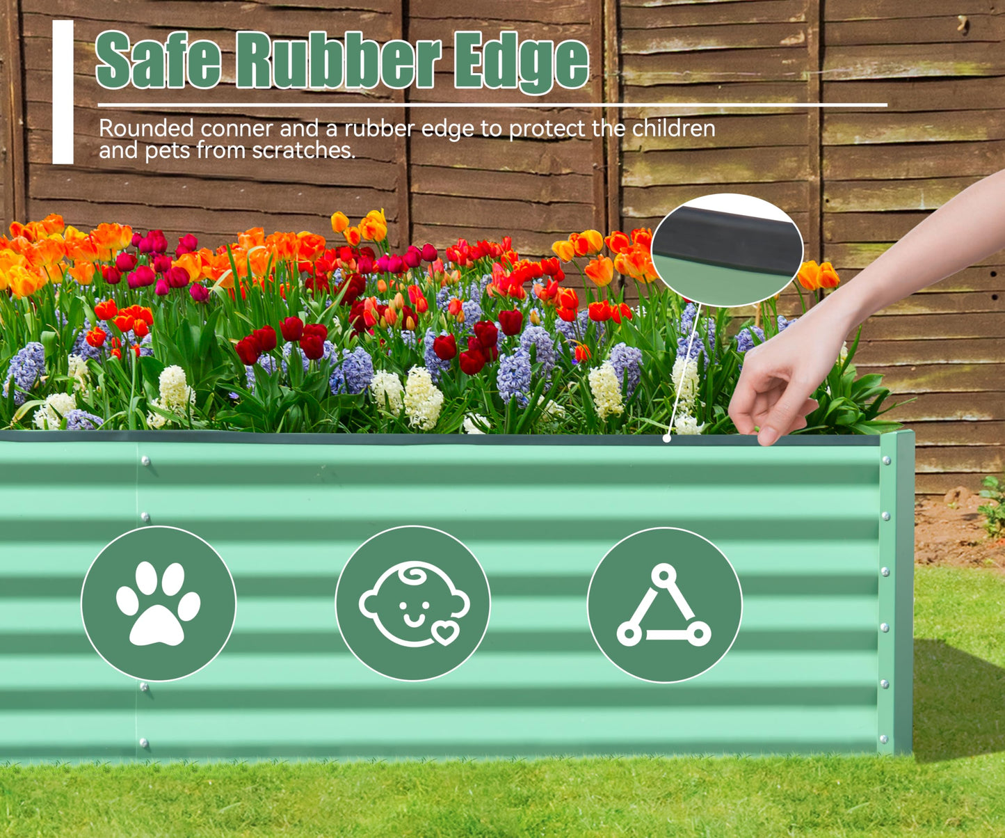 Light green metal raised garden bed with rubber edge featuring pet and child safety icons