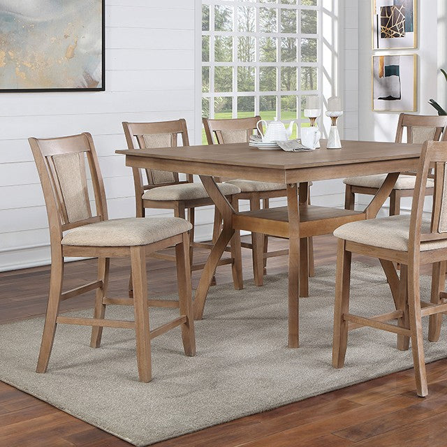 Rustic oak counter height dining chairs with upholstered seats