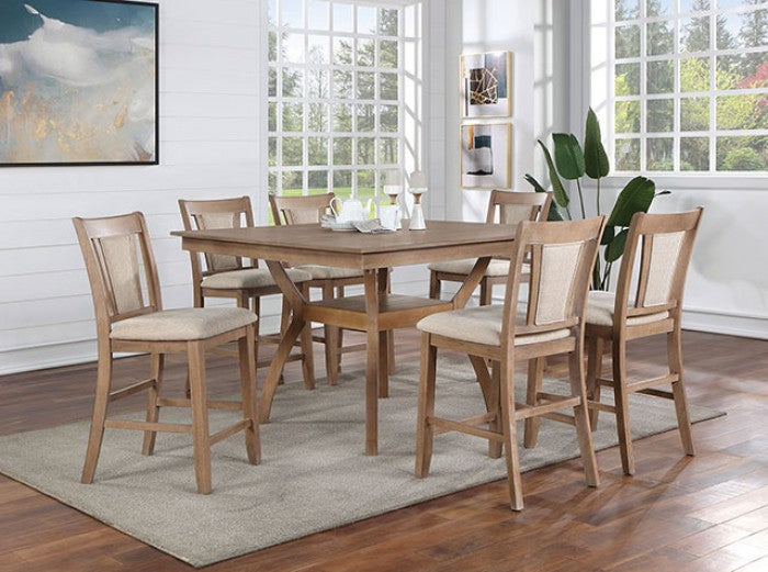 Rustic farmhouse dining set with six tan upholstered bar stools and wood table
