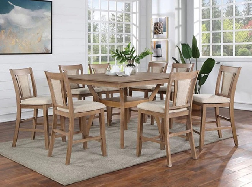 Light oak wood dining set with upholstered bar stools and a square table
