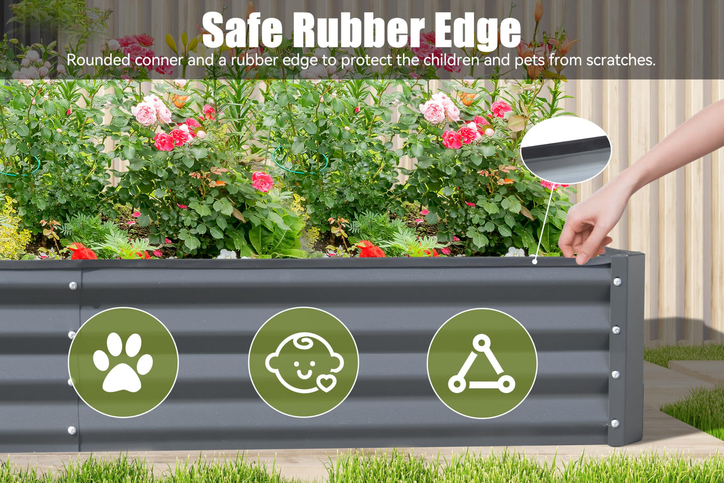 Dark grey raised garden bed with rounded corner and safe rubber edge for pet protection