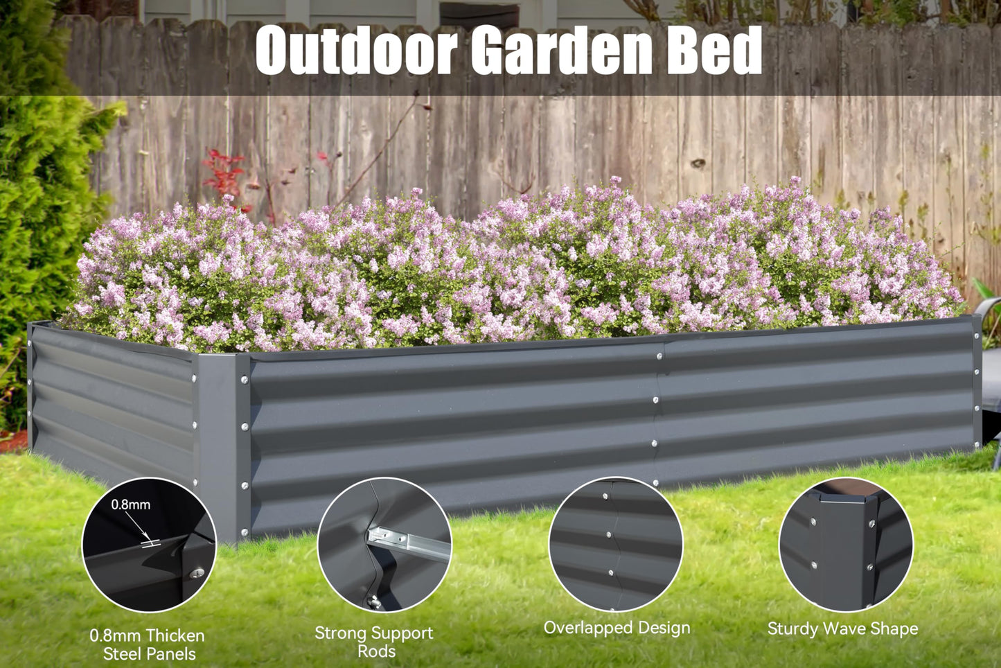 Rectangular dark grey metal garden bed with lilac bushes mm thick steel