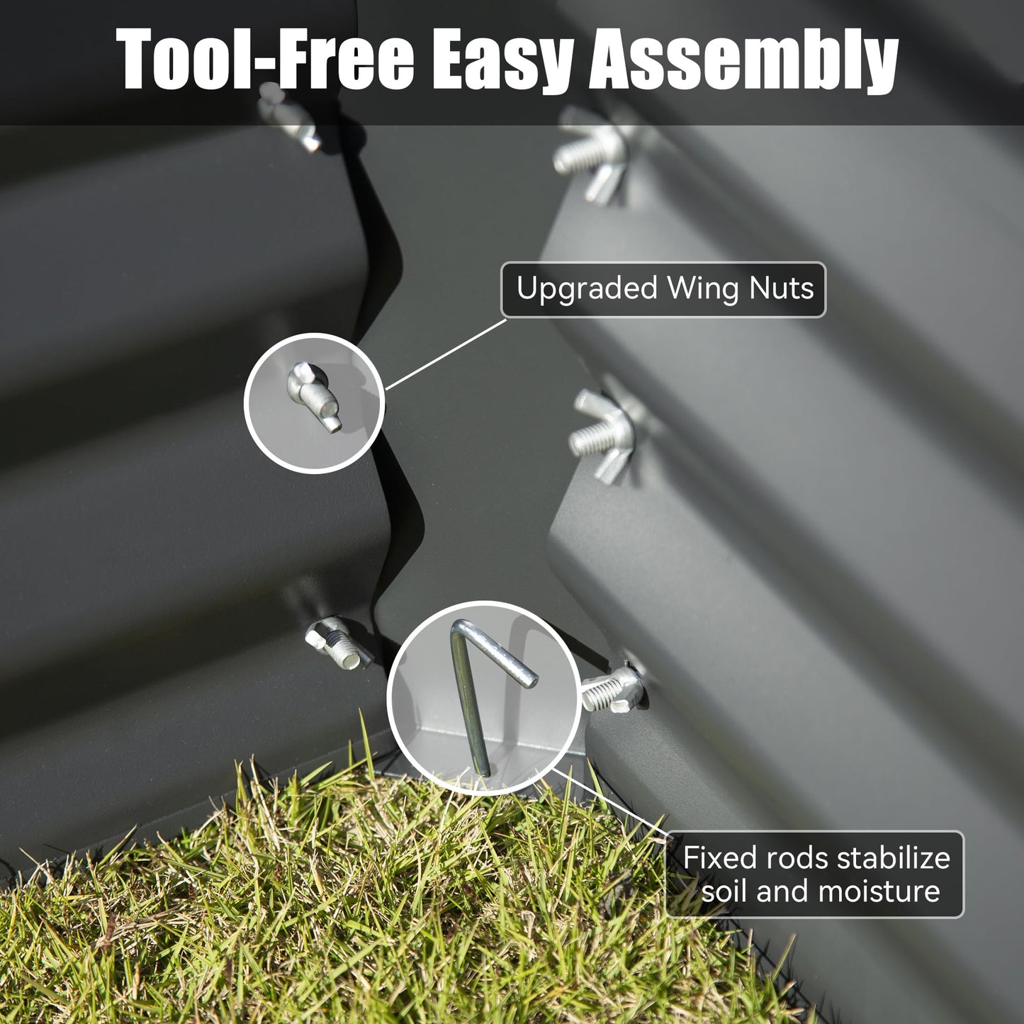 Gray modular garden bed with upgraded wing nuts for toolfree assembly