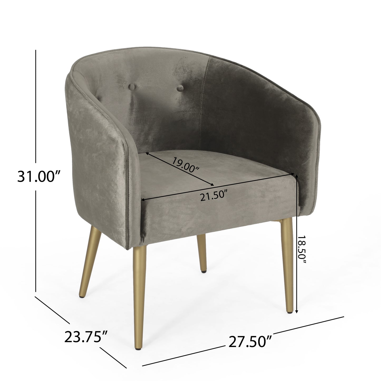 Gray velvet accent chair with tufted back and gold legs