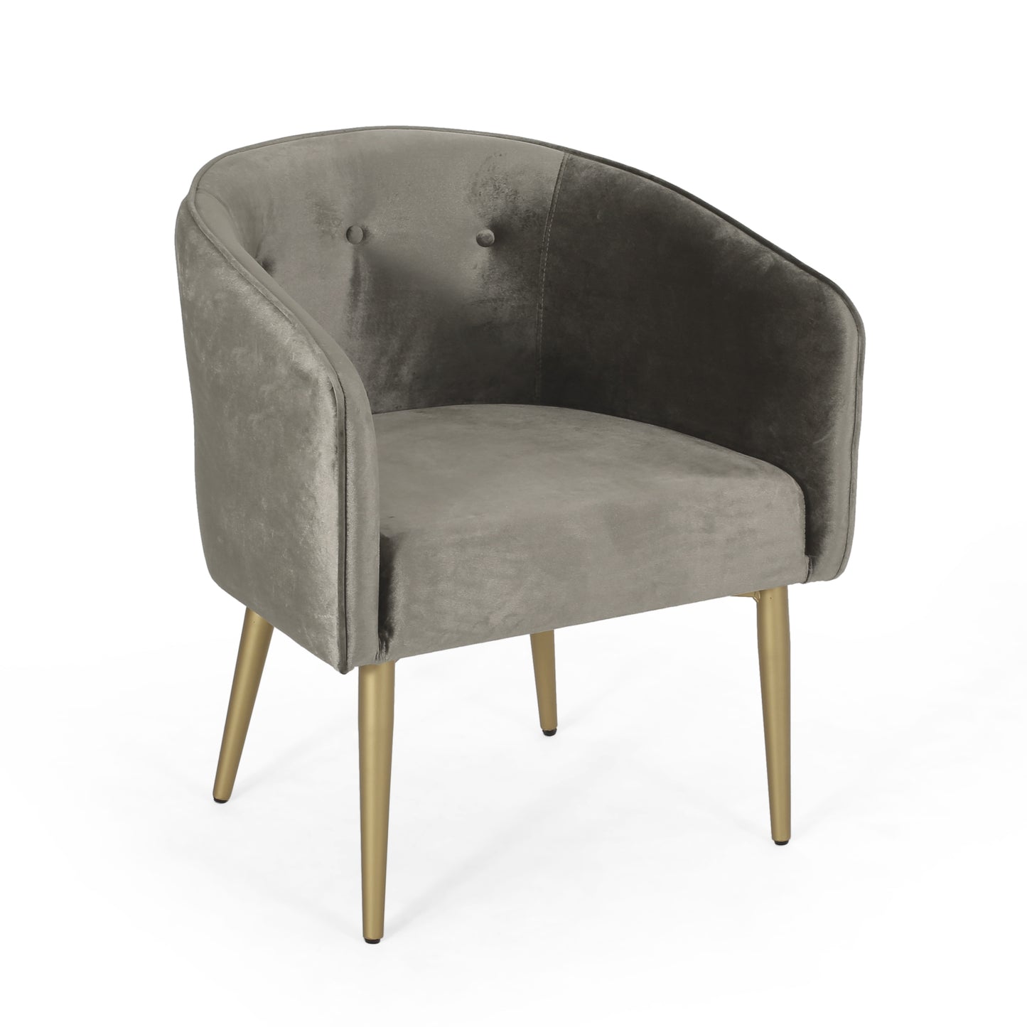 Grey velvet accent chair with tufted back and gold metal legs