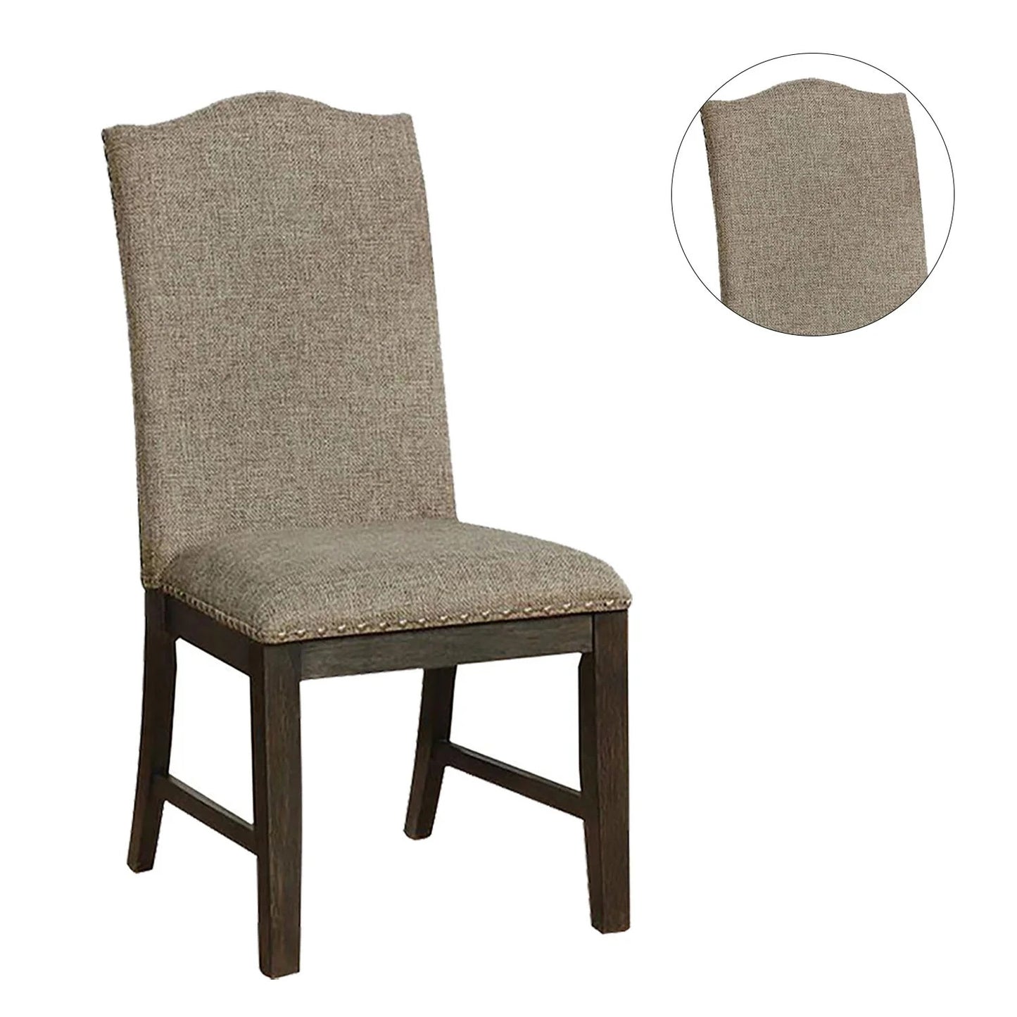 Upholstered dining chair with dark wood legs and textured taupe fabric