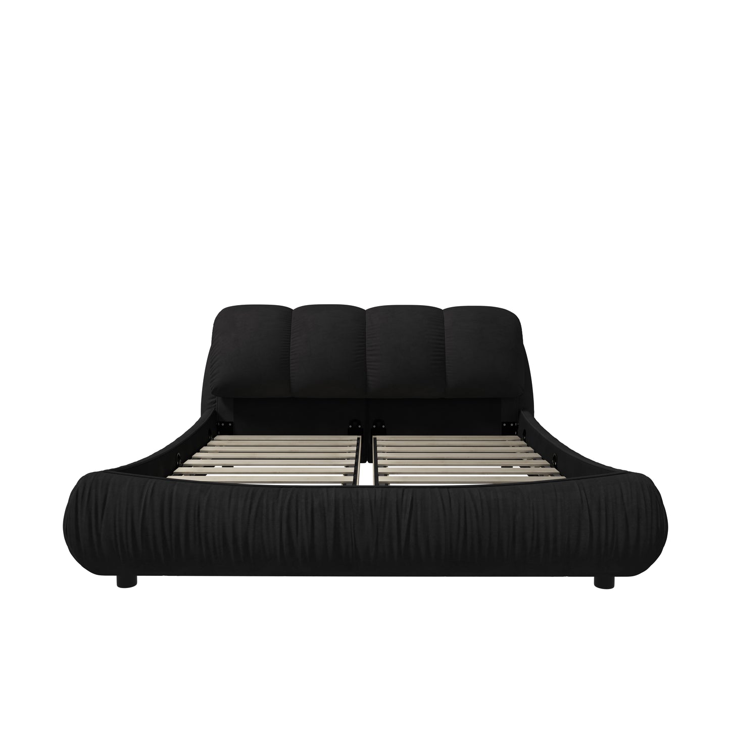 Black upholstered bed frame with channeled headboard and slatted base