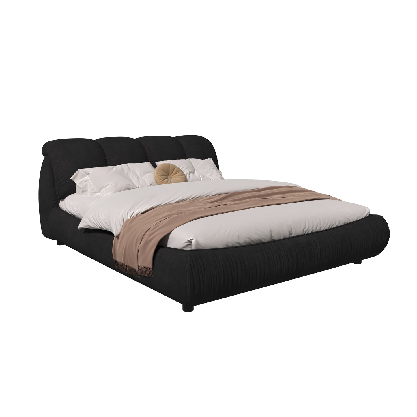 Black upholstered platform bed with quilted headboard and bedding