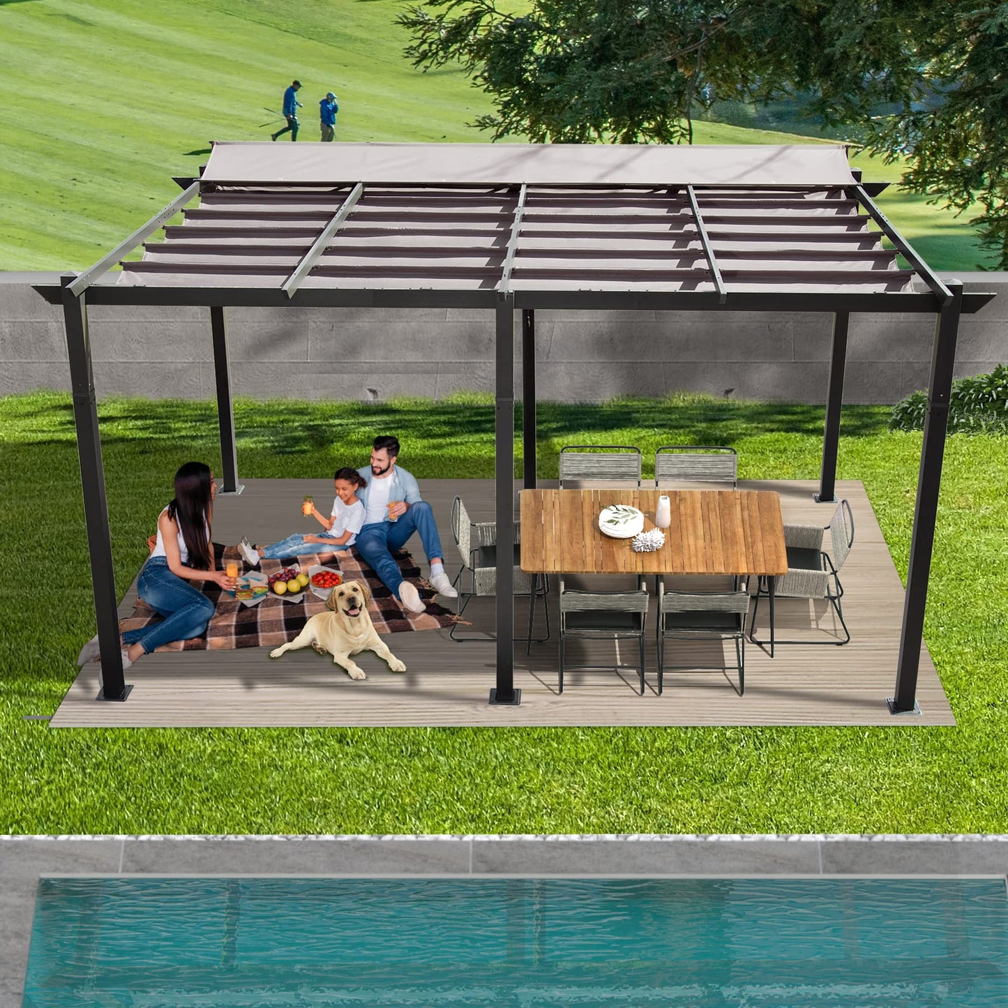 Retractable canopy pergola with a wooden dining set and picnic area in a backyard