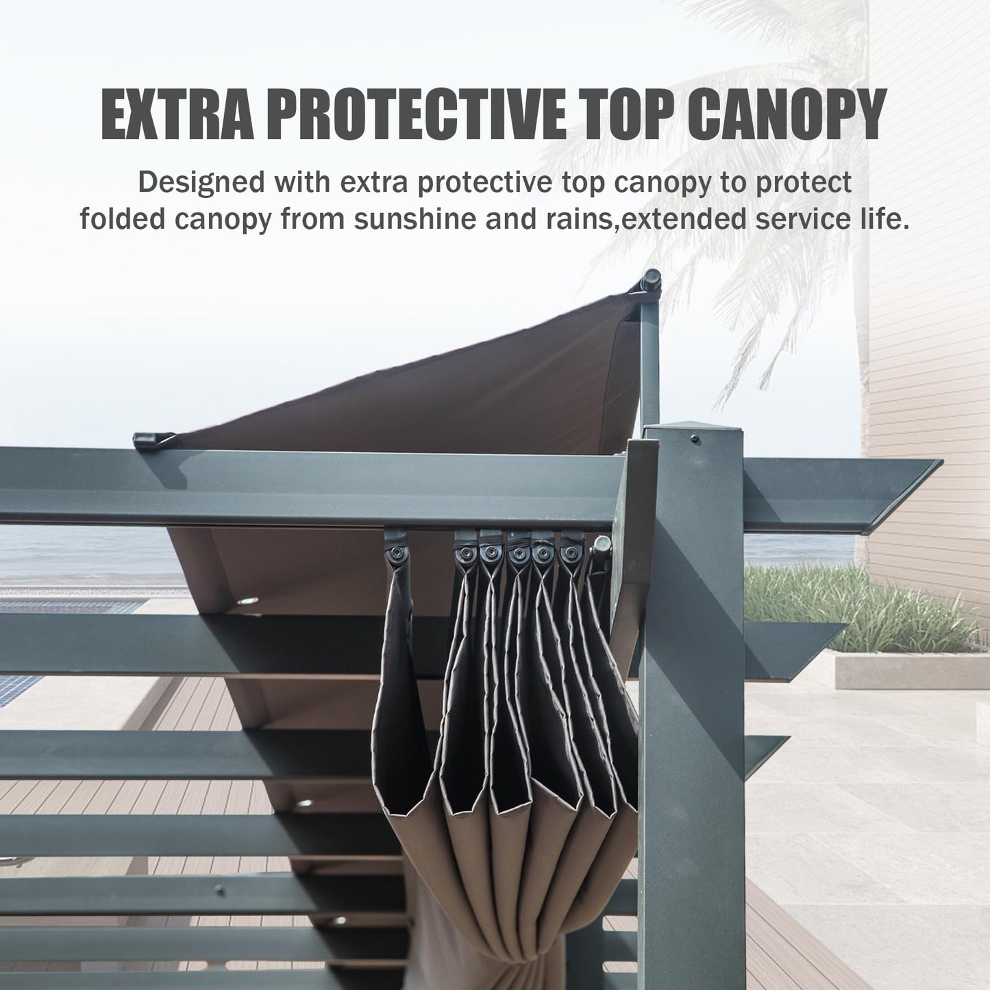 Retractable pergola canopy with dark gray fabric offers superior sun protection