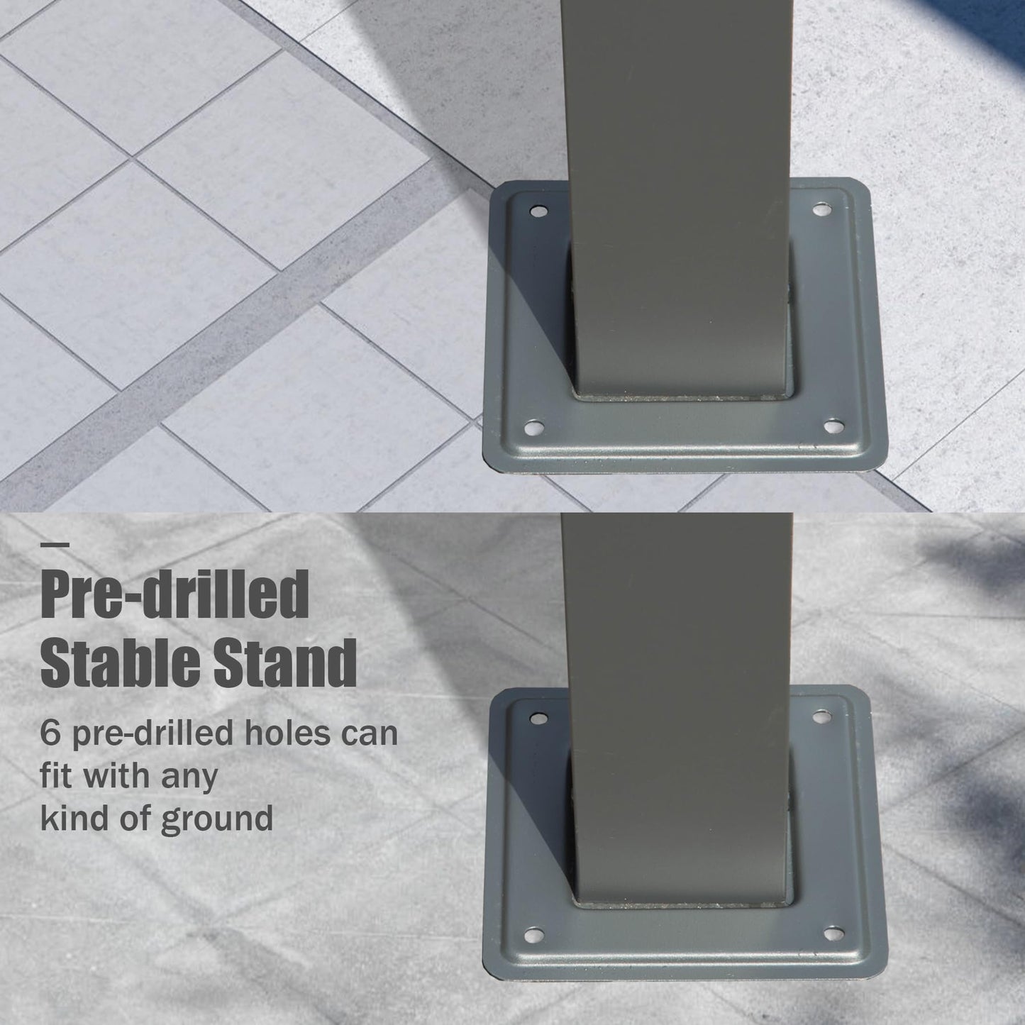 Gray metal post with predrilled stable stand base on tiled ground