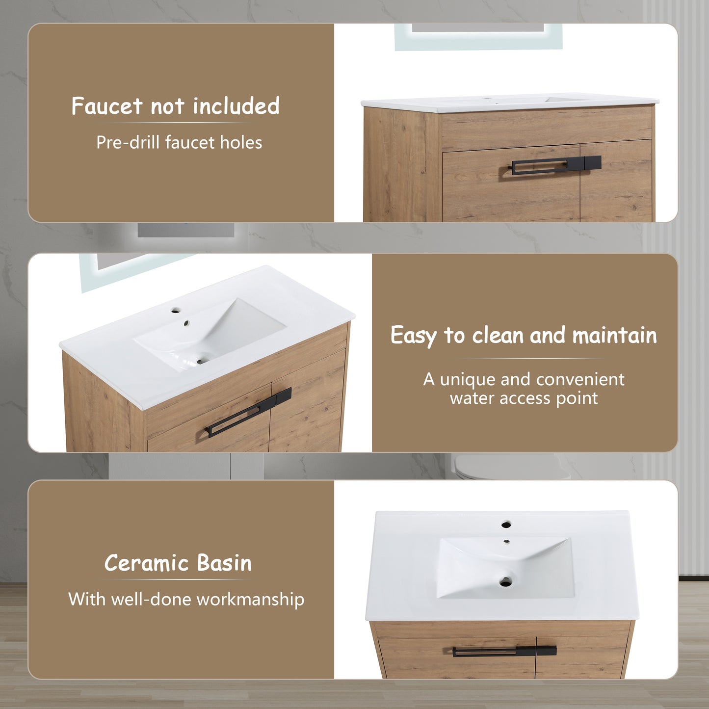 Wooden bathroom vanity with predrilled faucet holes