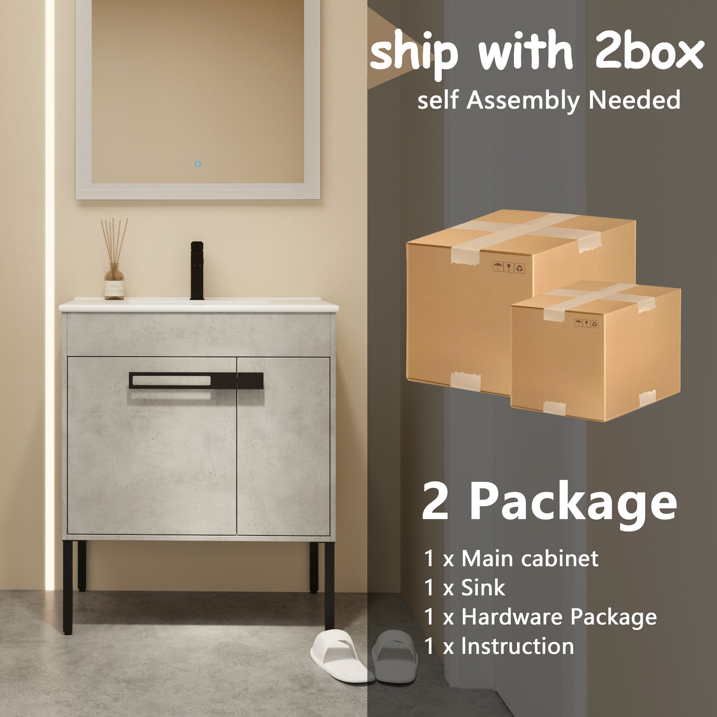Grey concrete finish bathroom vanity cabinet with black handles and sink