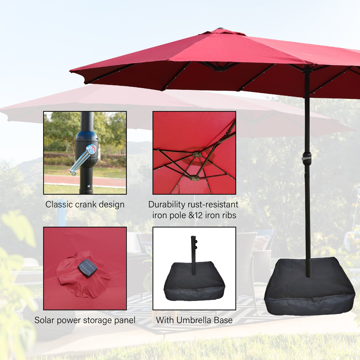 Red patio umbrella with classic crank design for easy opening and closing