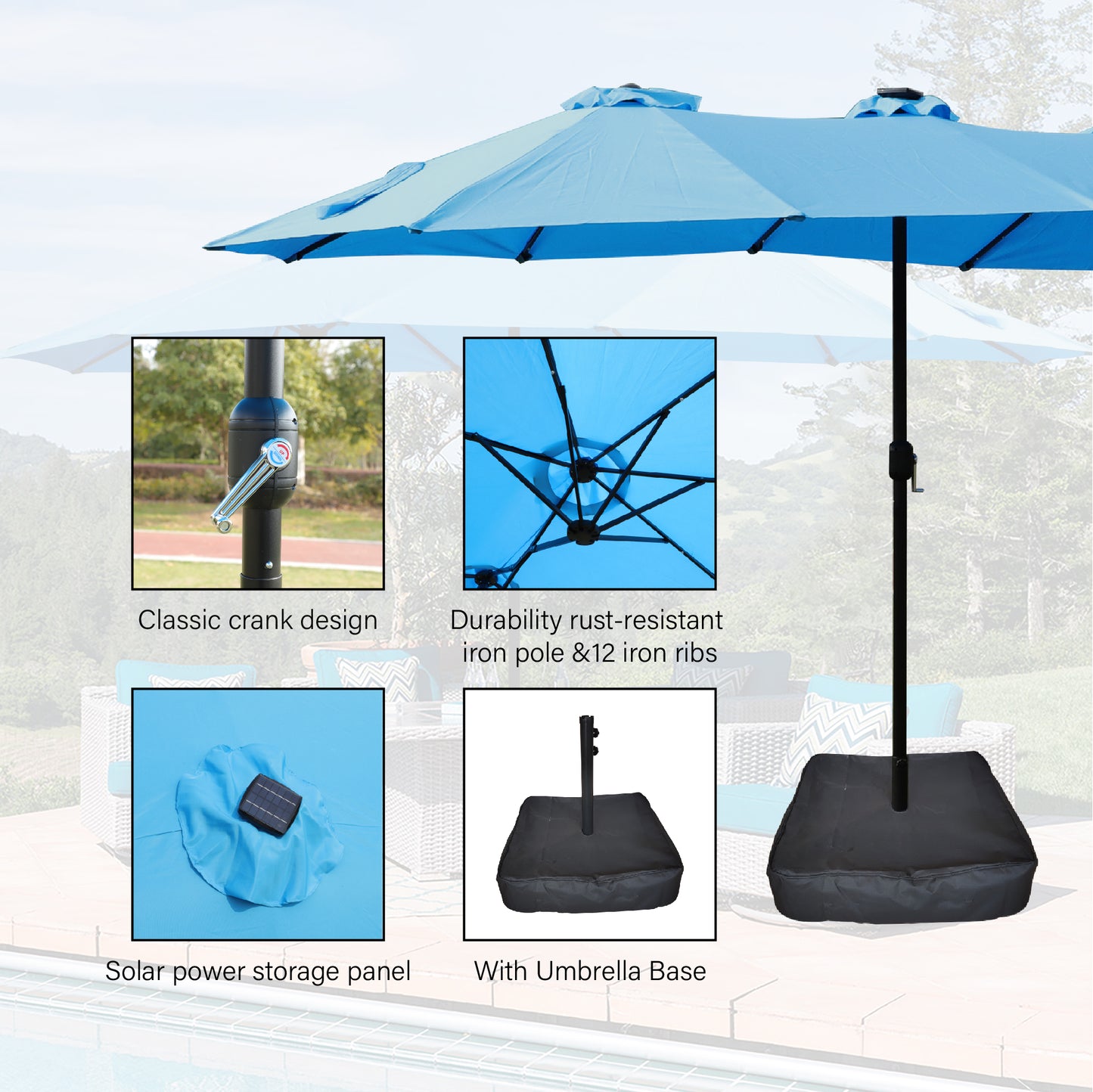 Blue patio umbrella with crank handle for easy operation