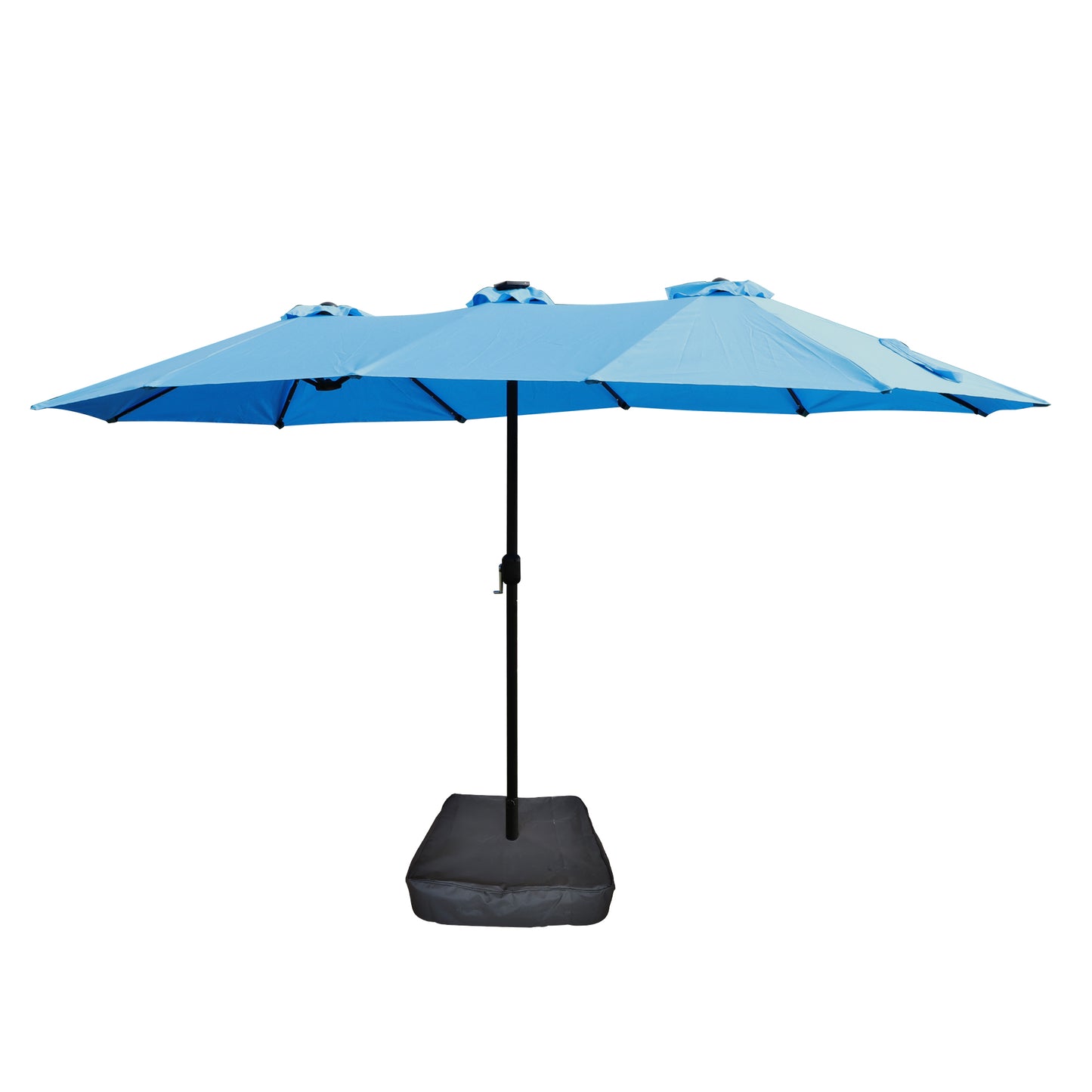 Large light blue patio umbrella with three sections and crank lift ideal for backyard shade