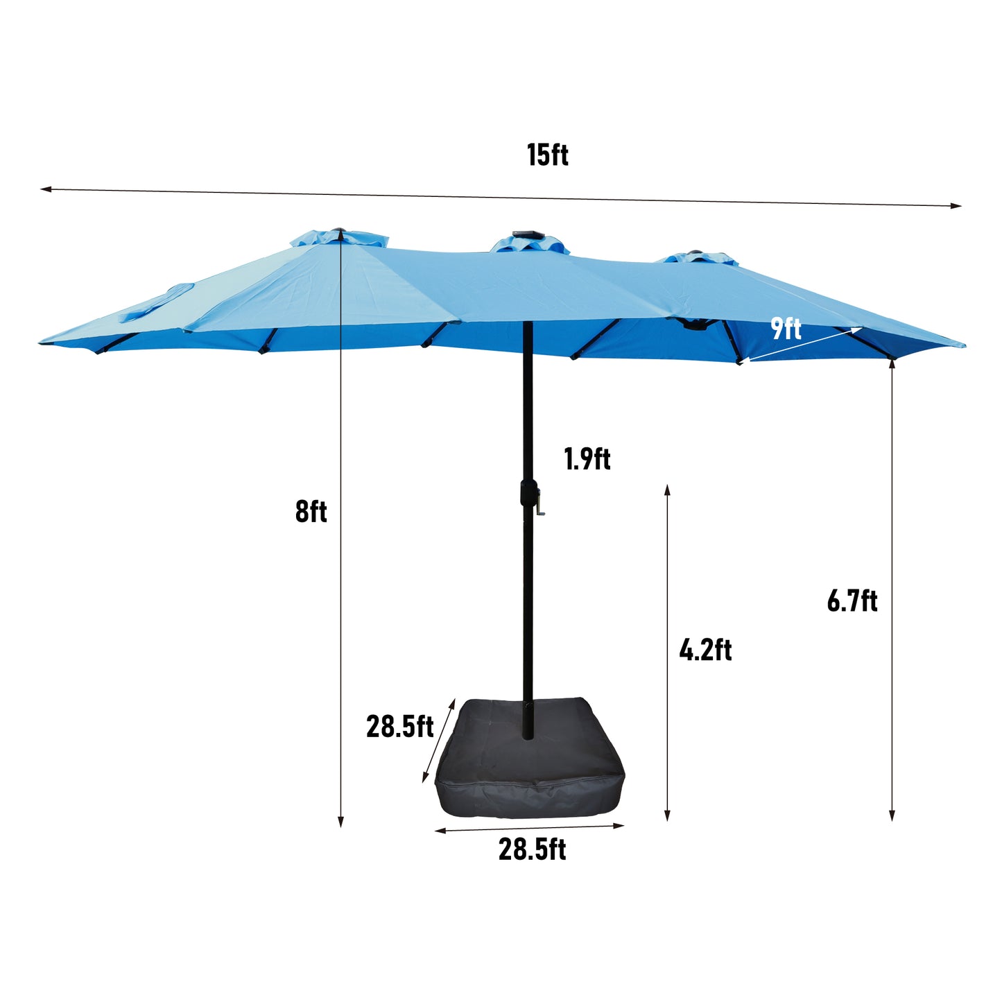 Light blue ft patio umbrella with dual canopy design and solar lights