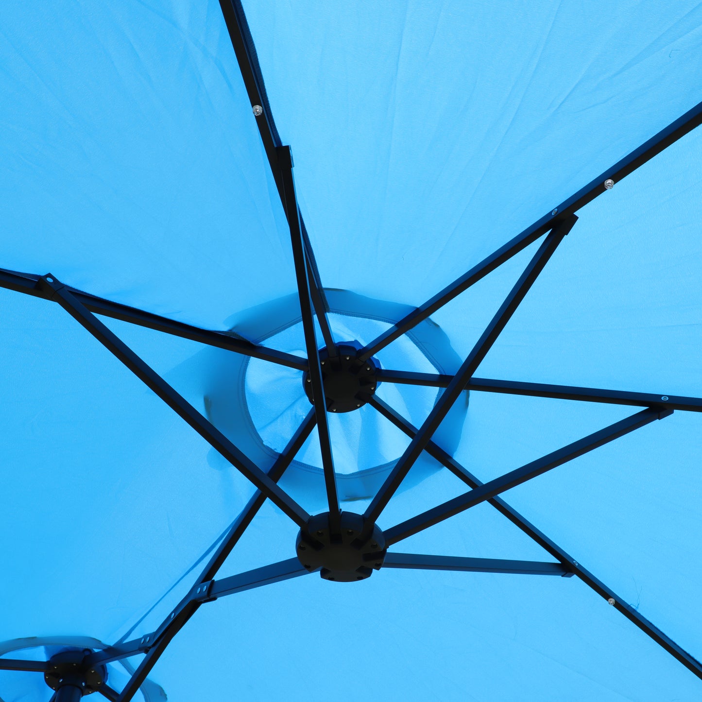 View of blue canopy frame with steel poles for a popup tent