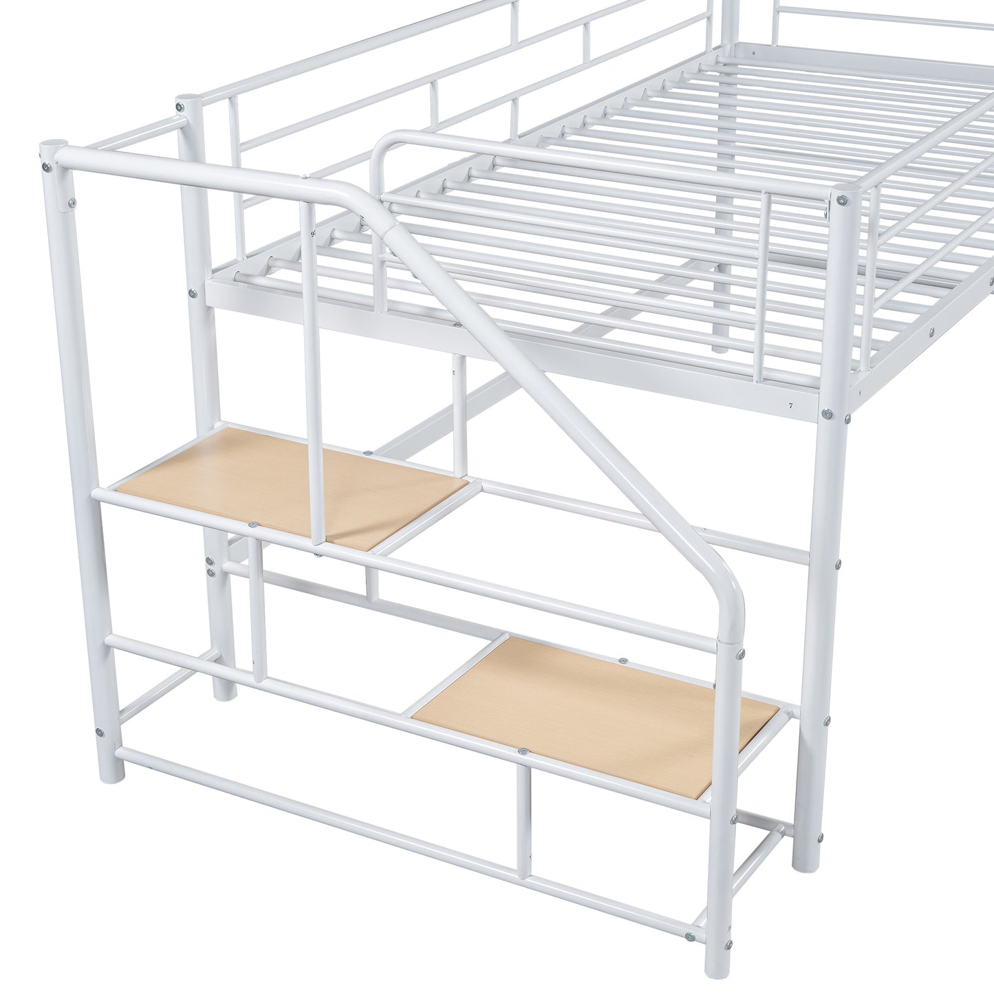 White metal loft bed frame with integrated wooden steps for easy access to the upper bunk