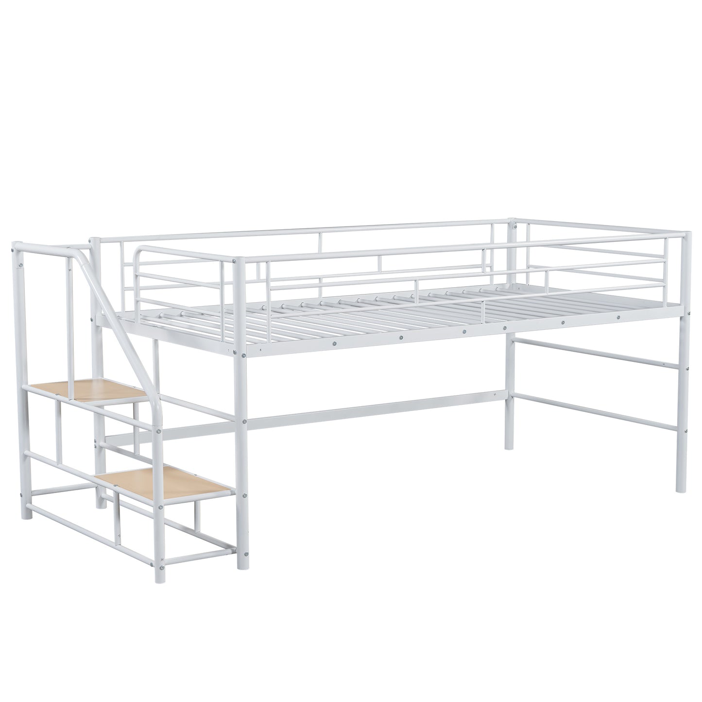 White metal loft bed with integrated ladder and wooden steps for kids