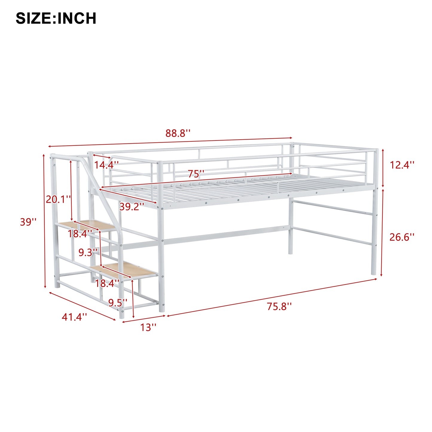White metal loft bed with integrated ladder and step dimensions