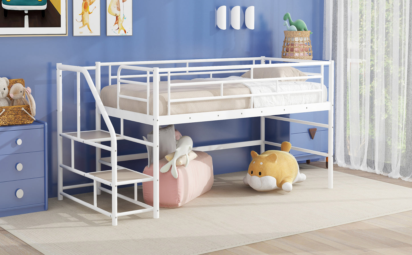 White metal loft bed with steps for kids bedroom Features sturdy railing for safety and modern design