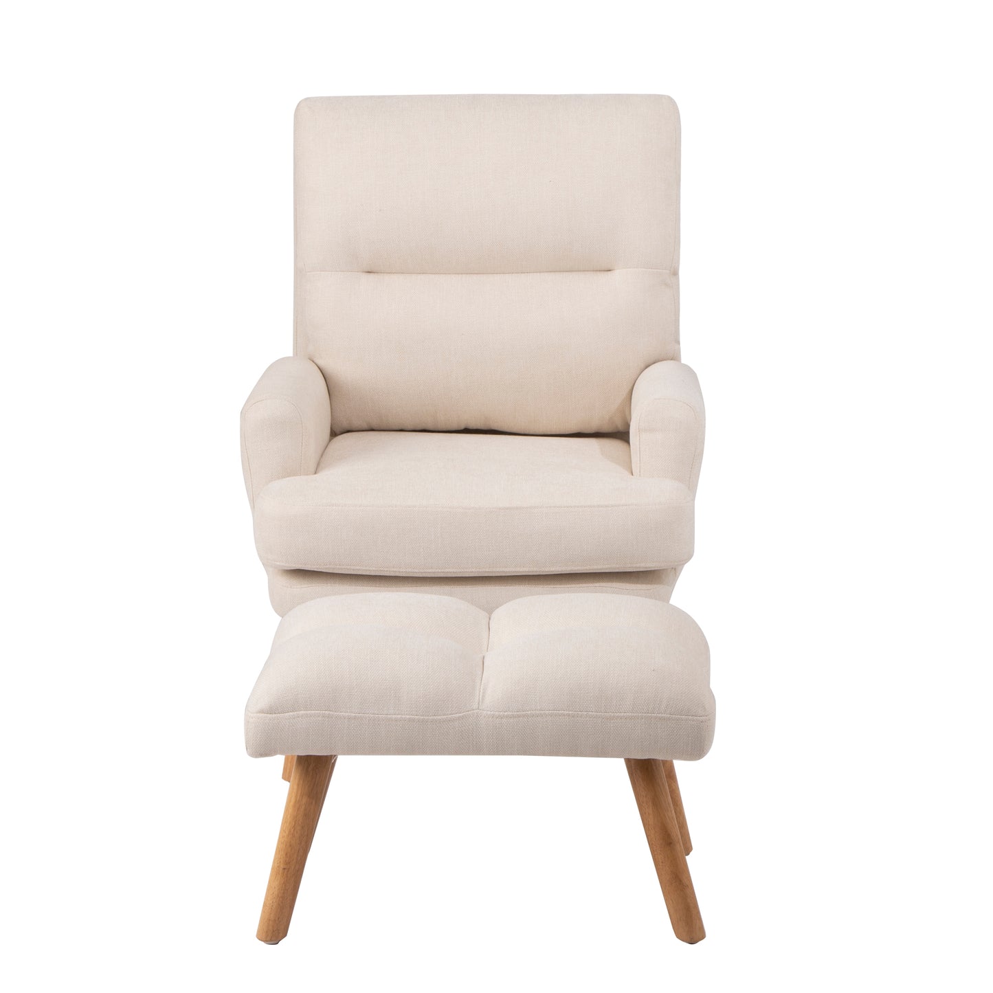Cream fabric accent chair with matching ottoman and natural wood legs