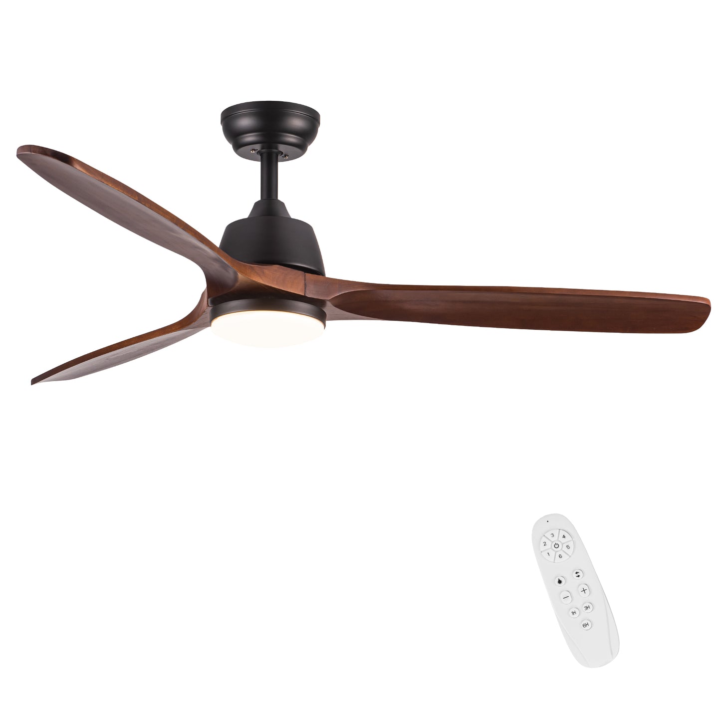 Modern black ceiling fan with three dark wood blades and integrated LED light