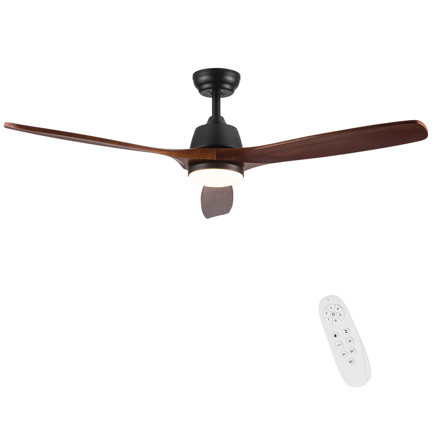 Modern black and wood blade ceiling fan with integrated LED light and remote control