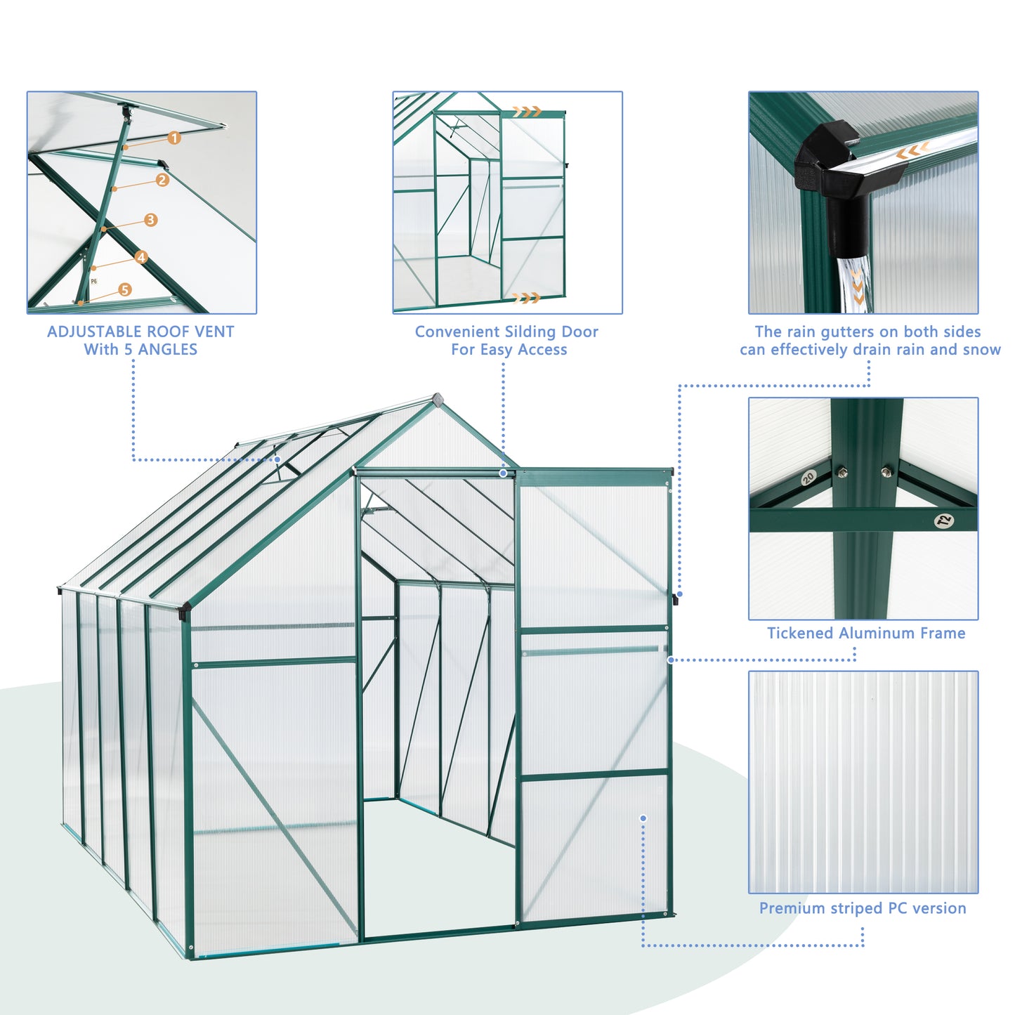 Green aluminum frame greenhouse with adjustable roof vents for optimal plant growth