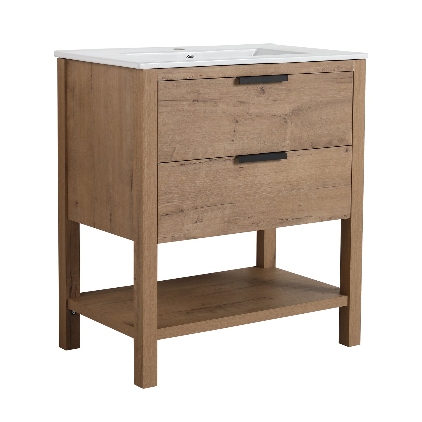 Modern oak veneer bathroom vanity with white ceramic sink and black hardware